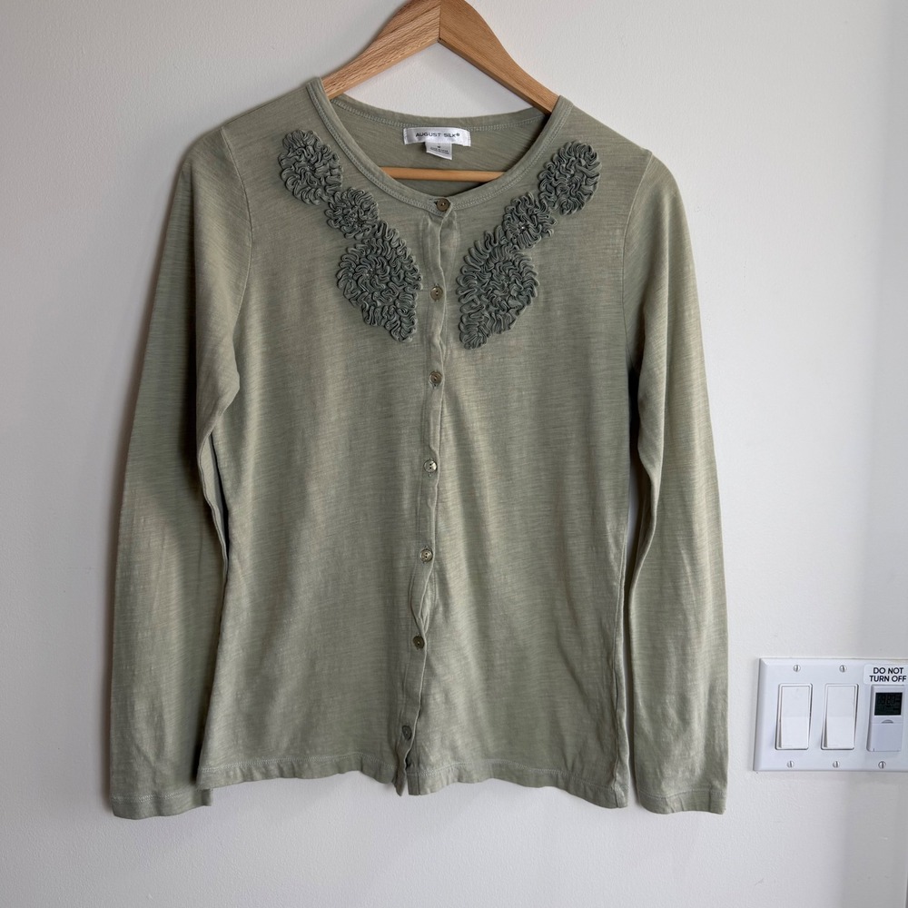August Silk Ruffle Floral Applique Cardigan Sage Green Womens Size M Cottagecore